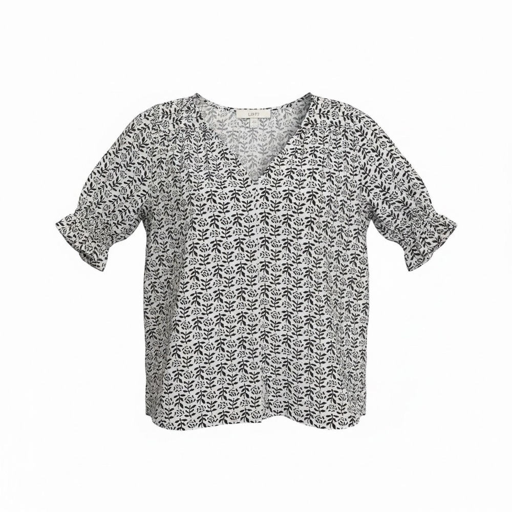 LOFT Womens Black White Botanical Leaf‎ V-Neck Smocked Cuff Puff Sleeve Blouse M